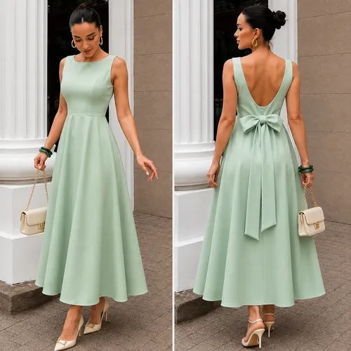 Vestido Longo Feminino Decote Canoa E Laço Alfaiataria Luxo Verde-menta Liso M