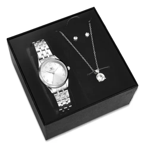Kit Relógio Colar Brincos Prata Feminino Saint Germain 28 Mm