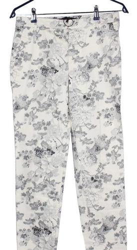 Pantalon Zara S Blanco Con Gris Floreado De Vestir Gabardina