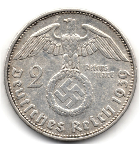 Alemania 2 Reichsmark 1939 D Tercer Reich Plata