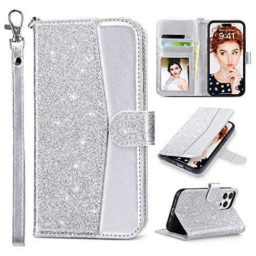 Funda Cartera Para iPhone 14 Pro Max Plata 6.7 Pulgada Pu Pi