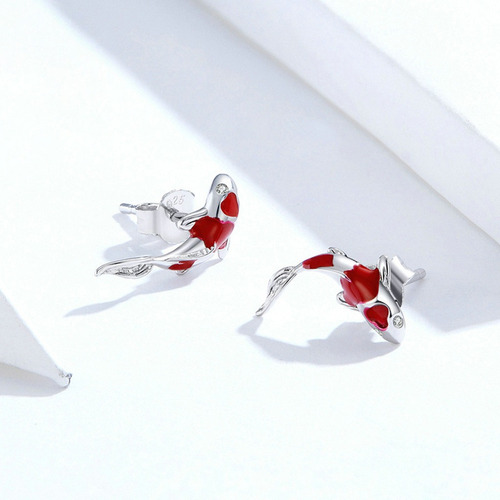 V Pendientes Koi Rojos De Plata De Ley 925 Con Orejas De