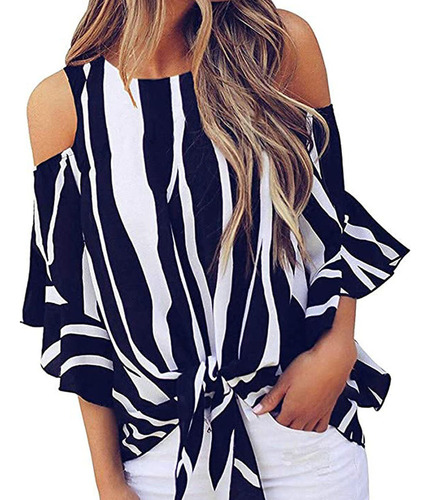 Blusa A Rayas Para Mujer, Hombros Descubiertos, Lazo En La C