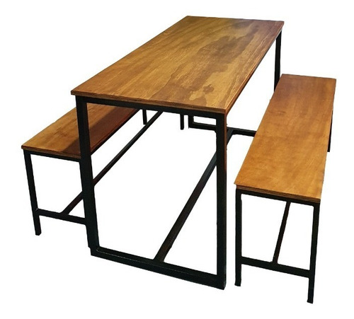 Imagen 1 de 9 de Mesa Industrial 130x60 Con 2 Bancos Largos Hierro Y Madera