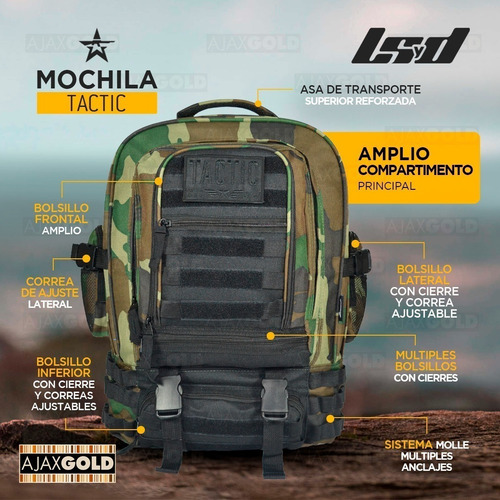 Imagen 6 de 10 de Mochila Tactica Militar Camping Asalto Trekking 45 Litros