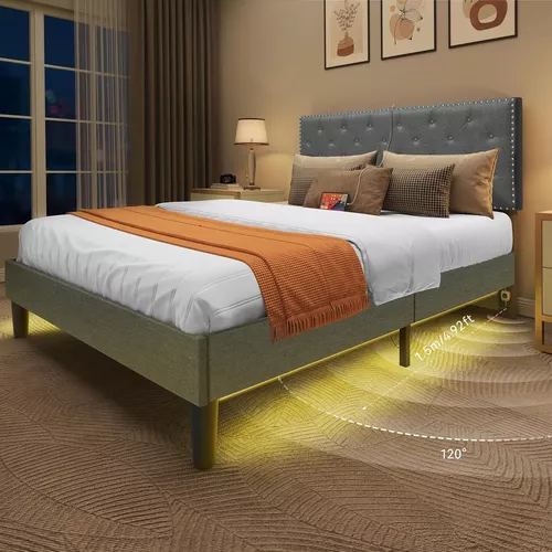 Cama Queen Marco De Cama Plataforma Base Cama Tapizada Cabecera con Luces  LED 