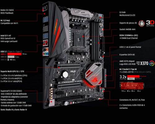 Tarjeta Madre Asus Rog Crosshair Vi Hero Am4 Ryzen Ddr4 Rgb