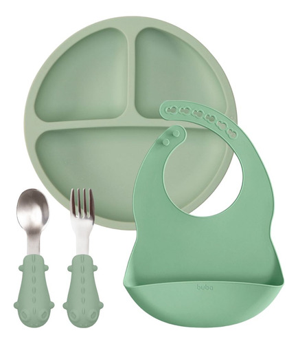 Kit Prato Babador Em Silicone E Talheres Em Inox Verde Buba