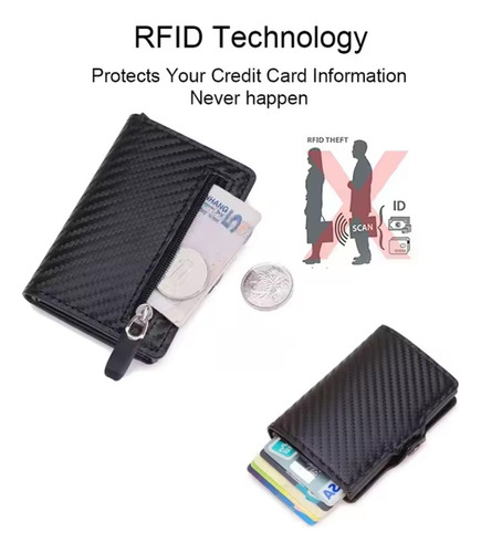 Tarjetero Inteligente Rfid Aluminio Con Cuero Sintético Negro Fibra Con Broche Y Cierre