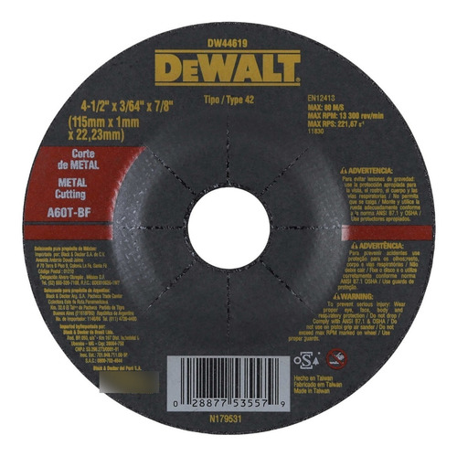 Disco Corte Metal Dewalt 4.1/2  Ultrafino Dw44619
