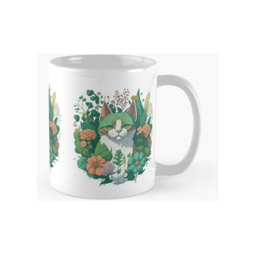 Taza Gato Vintage Floral Verde Calidad Premium