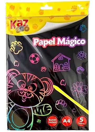 Papel Mágico A4 90g Multicolor 5 Folhas Com Bastão Kaz Zoo Cor Preto