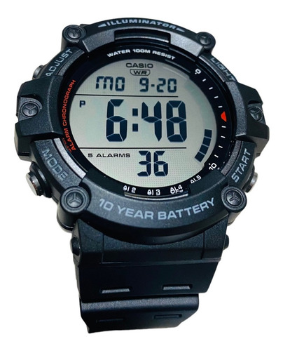 Reloj pulsera Casio Youth AE-1500 de cuerpo color negro, digital, fondo gris, con correa de resina color negro, dial negro, minutero/segundero negro, bisel color negro y plateado, luz ámbar y hebilla simple