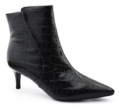 Botas Mujer Taco Aguja Punta Fina Charol Croco Negras