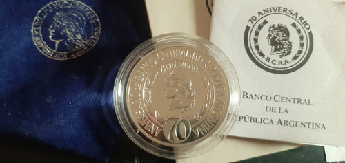 Moneda De Plata Proof 70 Aniversario Bcra Certificado Boleta (Usado)