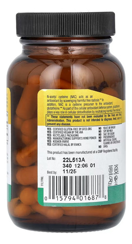 Country Life Nac N-acetilcisteína 750 Mg 60 Capsulas Sabor Sin Sabor