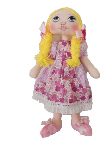 Muñeca De Tela Con Vestido Rosa Floreado Pelo Amarillo
