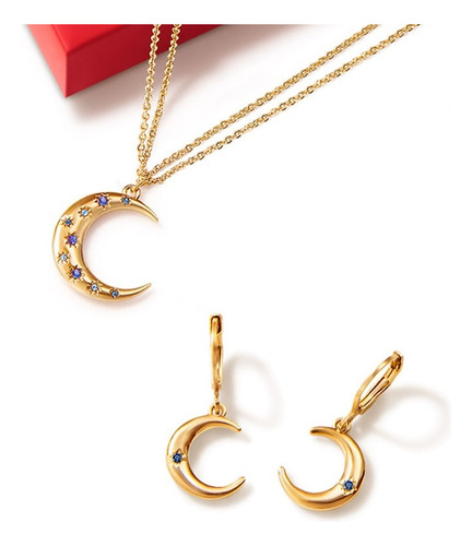 Hermoso Collar Más Aretes Dije Luna Con Cristales Azules