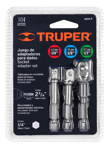 Juego De 3 Adaptadores Para Dados 1/4, 3/8, 1/2 Truper 10752