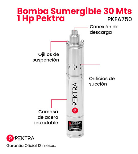 Imagen 3 de 10 de Bomba Sumergible 30 Mts 1 Hp Pozo Agua Limpia Pektra 220v