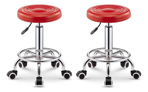 2 Taburetes Giratorios Ajustables Con Ruedas Silla De Bar Estructura de la silla Plateado Asiento Rojo