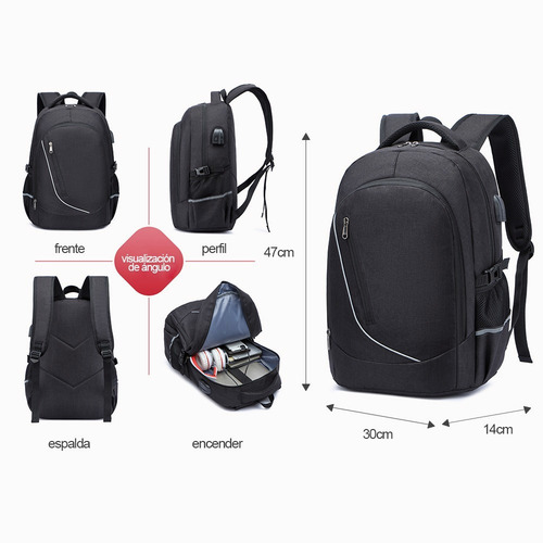 Imagen 4 de 6 de Mochila Antirrobo De 30l Con Cargador Usb Laptop 15.6 Imperm