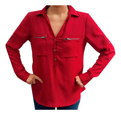 Camisa Blusa Chifon Roja M/l | Importada | Nueva