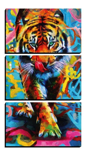 Cuadro Triptico Vertical Tigre Multicolor Artistico