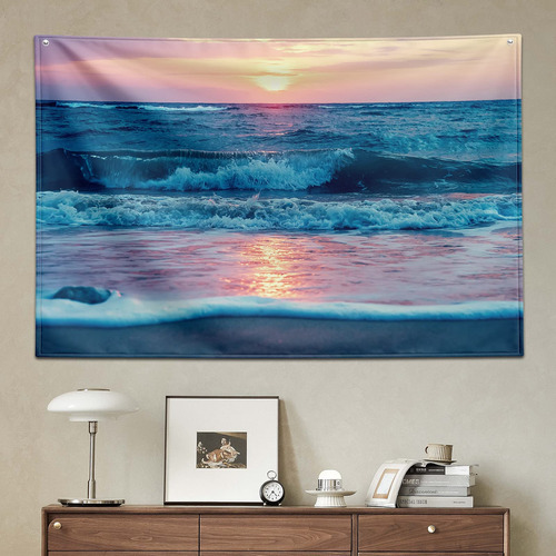 Tapiz Oceano Para Colgar Pared Ocaso Playa Sol Nube