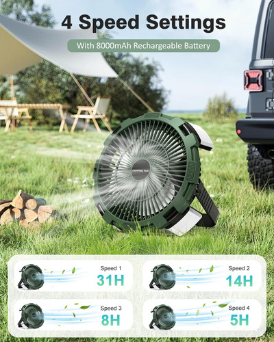Ventilador De Camping Con Linterna Led Recargable De 8000 Ma