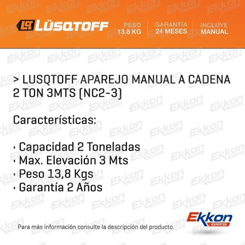 Imagen 2 de 8 de Aparejo Cadena Manual Lusqtoff 2 Toneladas 3 Mts Elevacion
