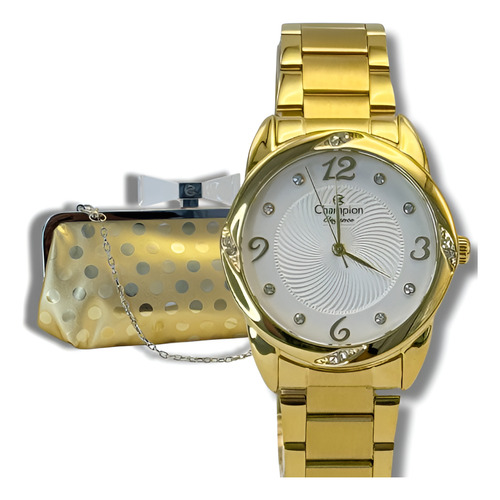 Relógio De Pulso Analogico Champion Dourado +bolsa Colorida Fundo Branco