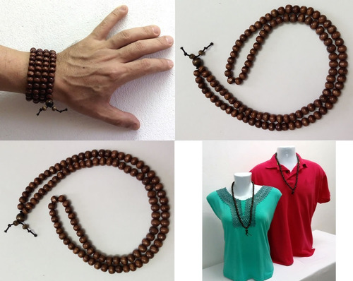 Pulseira Colar Japamala Madeira Escura 108 Contas Elástico