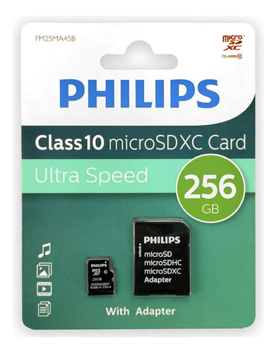Memoria Micro Sd Xc Con Adaptador Sd 256 Gb Clase 10 Philips