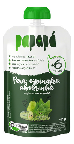 Papinha Orgânica Pera, Espinafre, Abobrinha Papapá Squeeze 100g