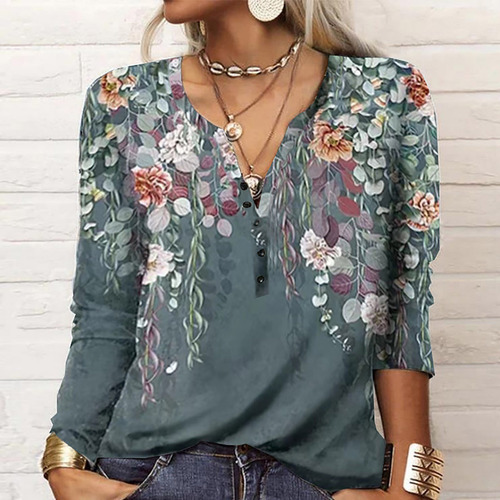 Blusa Delgada Con Botones De Manga Larga Con Estampado Para