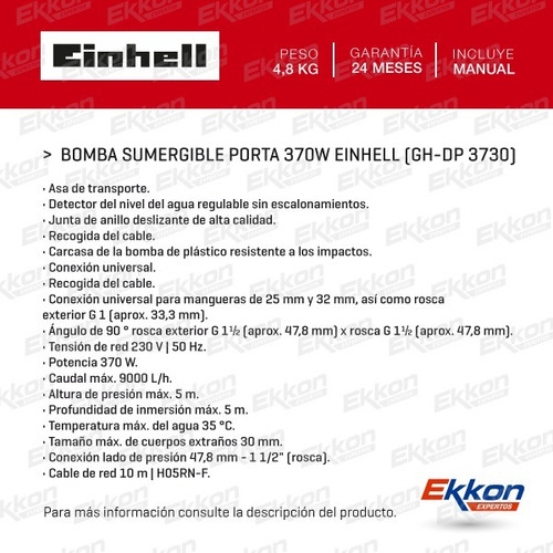 Imagen 5 de 6 de Bomba Sumergible Einhell 370w Desagot Agua Sucia Gh-dp 3730