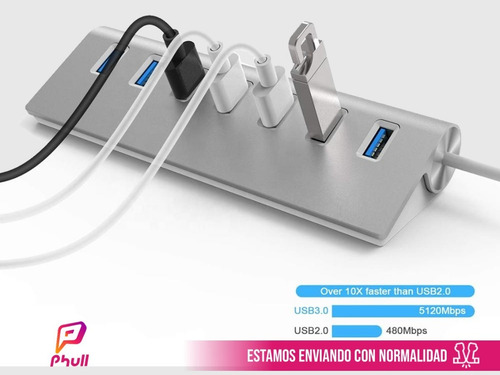 Imagen 4 de 8 de Hub Usb 3.0 De 7 Puertos 5gb Metalico Pc / Mac
