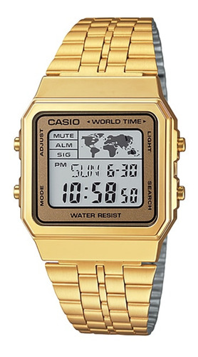 Reloj de pulsera Casio Vintage A500WGA-9DF de cuerpo color dorado, digital, fondo blanco, con correa de acero inoxidable color dorado, dial negro, minutero/segundero negro, bisel color dorado, luz ámbar y hebilla de gancho