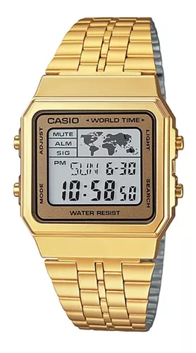 Reloj de pulsera Casio Collection LA680 de cuerpo color dorado, digital,  para mujer, fondo negro, con correa de acero inoxidable color dorado, dial  negro, minutero/segundero negro, bisel color dorado y hebilla de