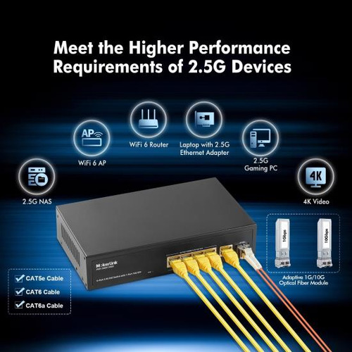 Switch Poe Mokerlink De 5 Portas E 2,5 Gigabit Com 10g Sfp,