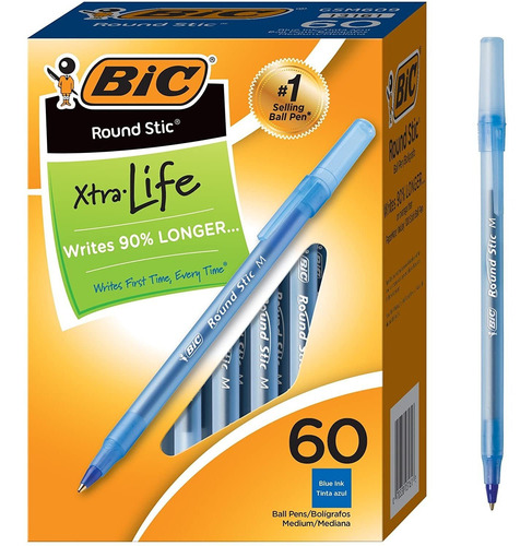 60 X Bic Round Stic Xtra Life Pen, Medium Point, Azul