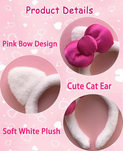 Diadema Gatito Con Lazo Rosa, Orejas Gato Blanco, Accesorios