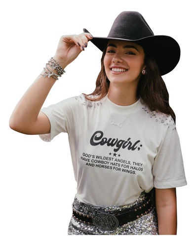 T-shirt Cropped Feminina Cowgirl Star Turkese Store Branco
