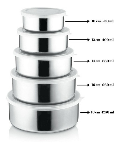 Conjunto De Potes Para Alimentos Inox Com Tampa Jogo 5 Peças