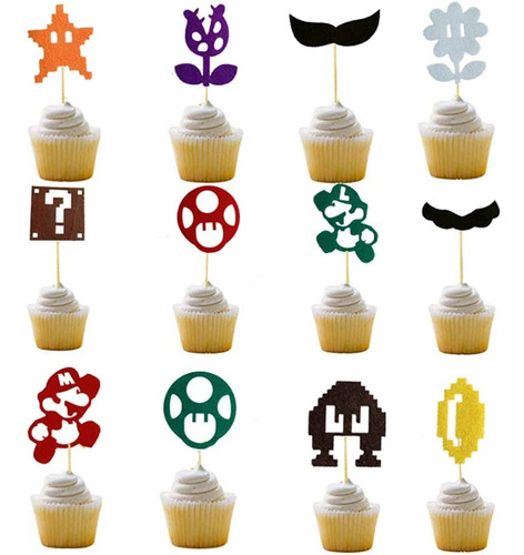 24 Decoraciones Para Cupcakes De Super Mario Brothers, Decor