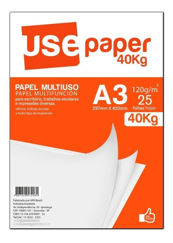 Papel Sulfite A3 120g/m² Para Impressão 40kg Branco 25 Fls