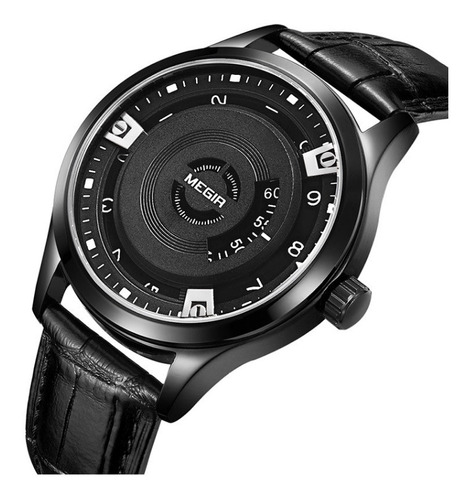 Reloj Megir Hombre Malla Cuero Modelo 1067 Sin Agujas Color de la correa Negro Color del bisel Negro