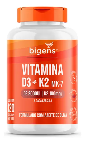 comprar Vitamina D3 2000ui + K2 Mk-7 100mcg, 120 Cápsulas, Bigens Sabor Neutro