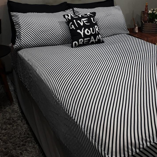 Lençol Com Elástico Casal Comum 4 Un Stripe Almofada Decor